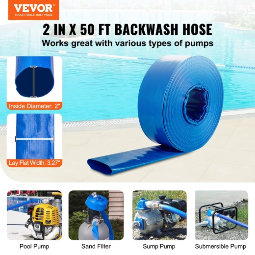 Vevor Backwash Hose - 2 In X 50 Ft, Heavy-Duty PVC Flat Pool Discharge Hose with Aluminum Camlock C & E Fittings, Clamps, Compatible with Pumps, Sand Filters, for Swimming Pools Waste Water Drain, Blue