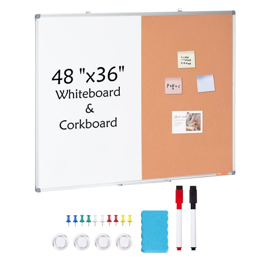 Vevor 48"X 36" Whiteboard & Cork Board Combo With Aluminum Frame – 2-In-1 Magnetic Dry Erase Bulletin Board For Wall Mount – Ideal For School, Home, Office