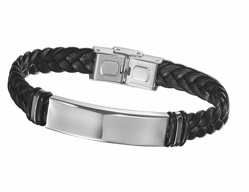 Visol Black Leather & Stainless Steel Men's Bracelet