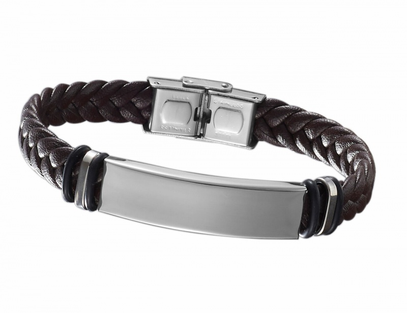 Visol Brown Leather & Stainless Steel Men's Bracelet