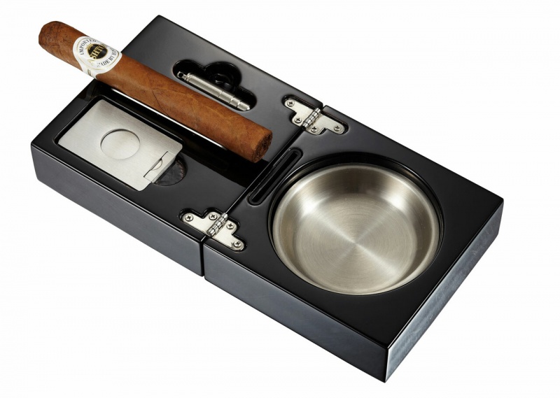 Visol Bremen Black Lacquer Folding Cigar Ashtray With Cutter And Punch