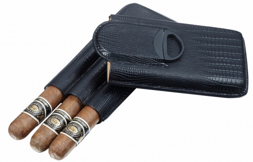 Visol Granada Black Leather 3 Finger Cigar Case with Cigar Cutter