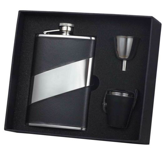 Visol Descent Black Leather 8Oz Deluxe Flask Gift Set