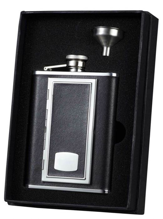 Visol Sp Black Leather Flask with Built-In Cigarette Case