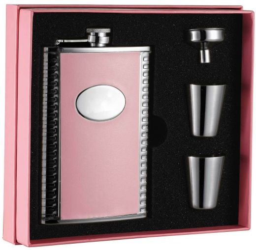 Visol Pink Box Supermodel Pink Leather 8Oz Flask Gift Set