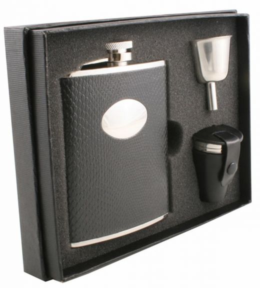 Visol Corspa Black Snakeskin Design 6Oz Deluxe Flask Gift Set