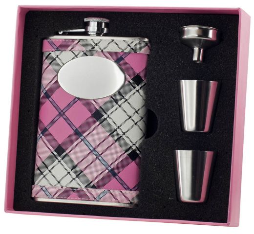 Visol Pink Box Valor Pink Plaid 8Oz Flask Gift Set