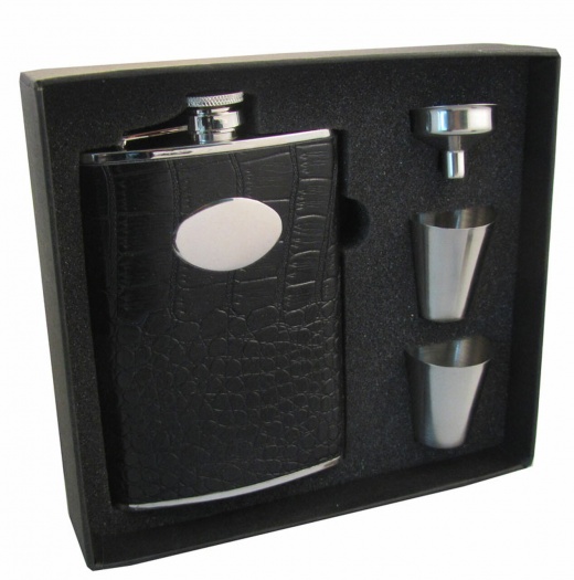 Visol Noir Black Crocodile Leather 8Oz Stainless Steel Hip Flask Gift Set