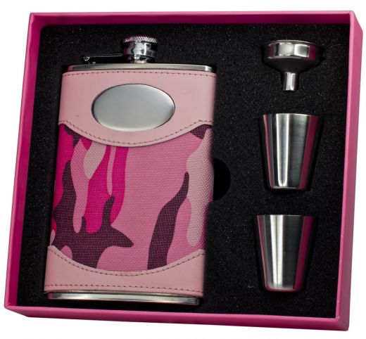 Visol Pink Box Gi Jane Pink Camouflage Wrapped 8Oz Stainless Steel Flask Gift Set