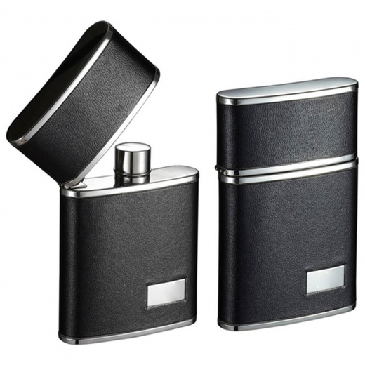 Visol Flip Top Black Leather Stainless Steel 2.5 Oz. Hip Flask