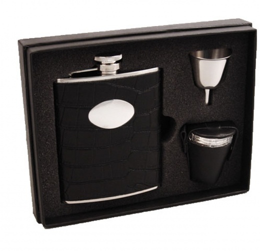 Visol Noir Black Crocodile Leather 6Oz Deluxe Flask Gift Set