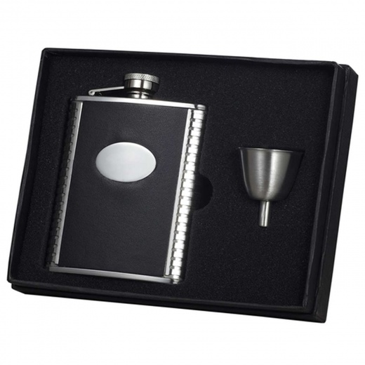 Visol Tux Ribbed Design Leather 6Oz Flask Gift Set