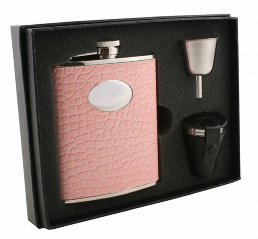 Visol Annabella Light Pink Snake-Skin Leatherette 6Oz Deluxe Flask Gift Set