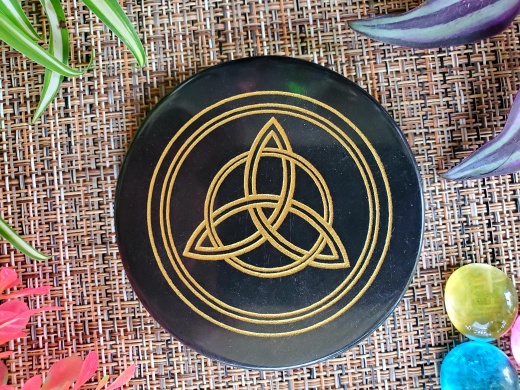 Black Agate Coaster / Altar Tile Charging Plate - Triquetra