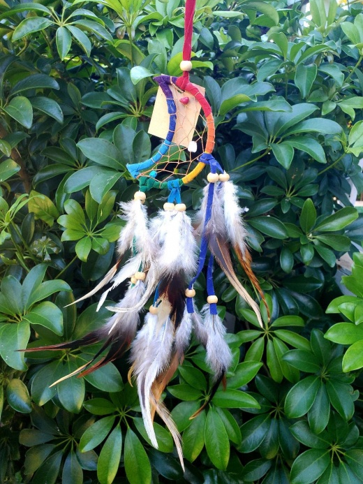 3" Crescent Moon Multi-Colored Dream Catcher with Feathers & Beads