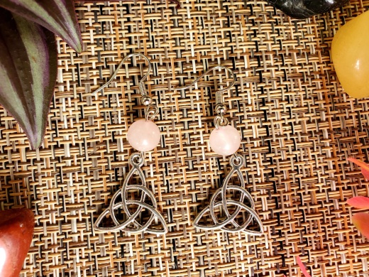 Rose Quartz Triquetra Earring Set - Antique Silver Color