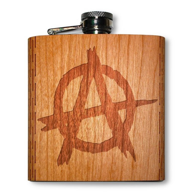 6 Oz. Wooden Hip Flask (Anarchy Symbol In American Cherry)
