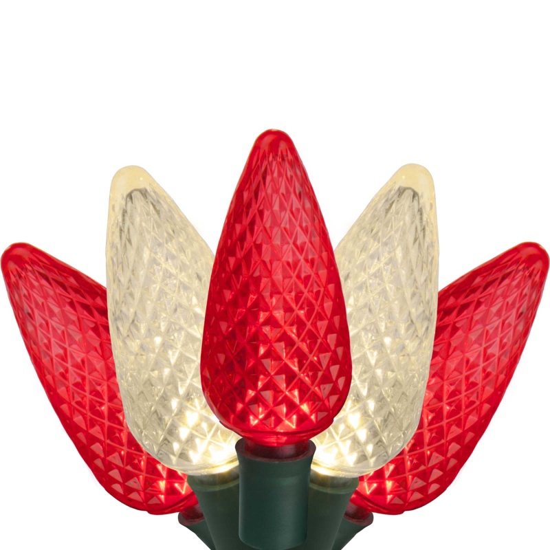 C9 Red, Warm White Led Christmas Lights On Green Wire