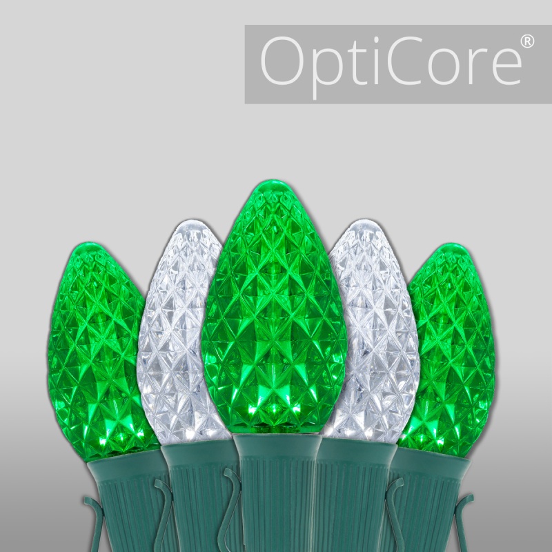 C7 Cool White / Green OptiCore Commercial LED Christmas Lights