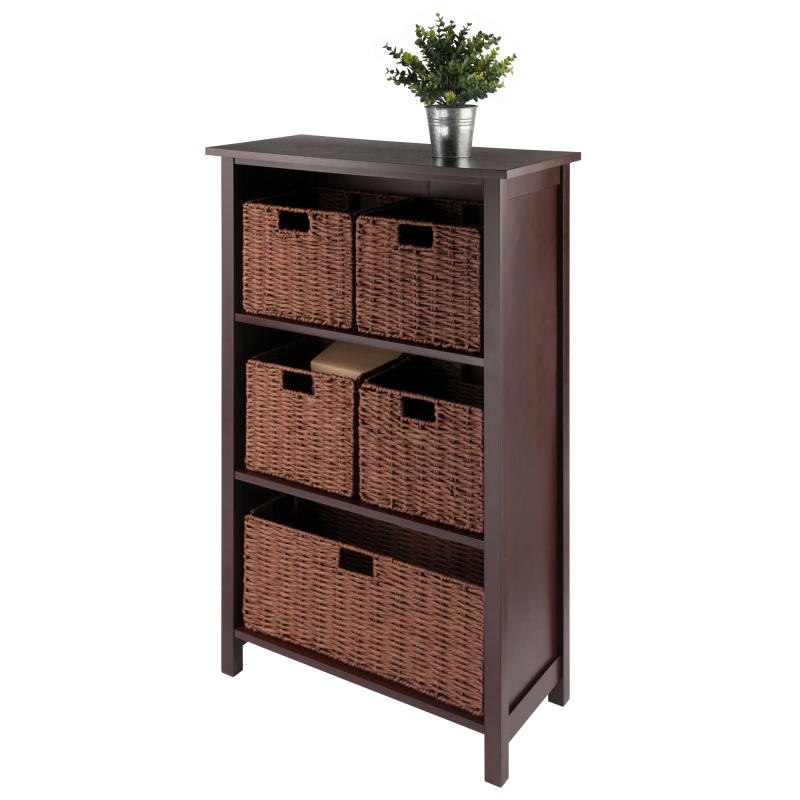 Milan 6-Pc Storage Shelf with 5 Foldable Woven Baskets, Walnut