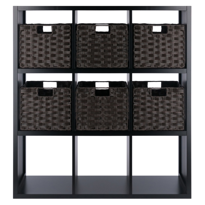 Timothy 7-Pc 3x3 Storage Shelf with 6 Foldable Woven Baskets, Black and Chocolate