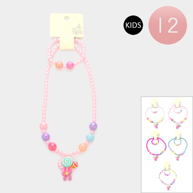12Pcs - Lollipop Pendant Beaded Stretch Kids Necklaces