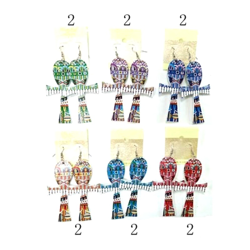 12Pairs - Patterned Wood Cross Dangle Earrings