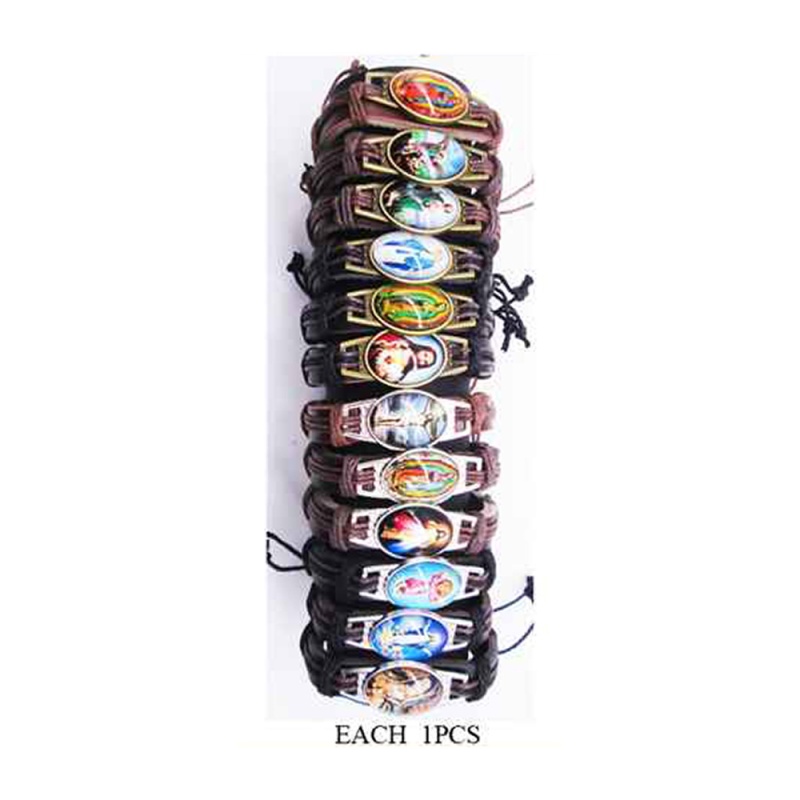 12Pcs - Virgin Mary Accented Faux Leather Adjustable Bracelets
