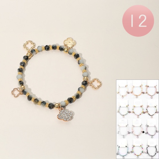 12Pcs - Quatrefoil Charm Faceted Beaded Stretch Bracelets