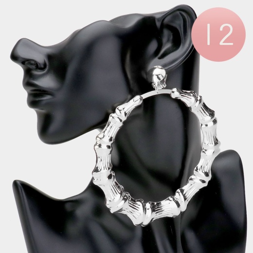 12Pairs - Open Metal Bamboo Circle Clip On Earrings in Silver Color
