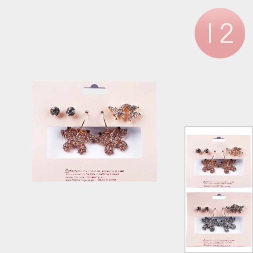 12 Set Of 3 - Round Stone Butterfly Earrings