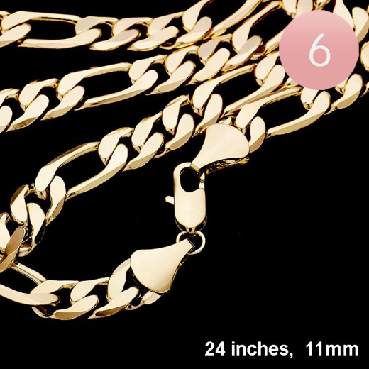 6Pcs, 24 Inch, 11Mm Gold Plated Figaro Chain Metal Necklaces