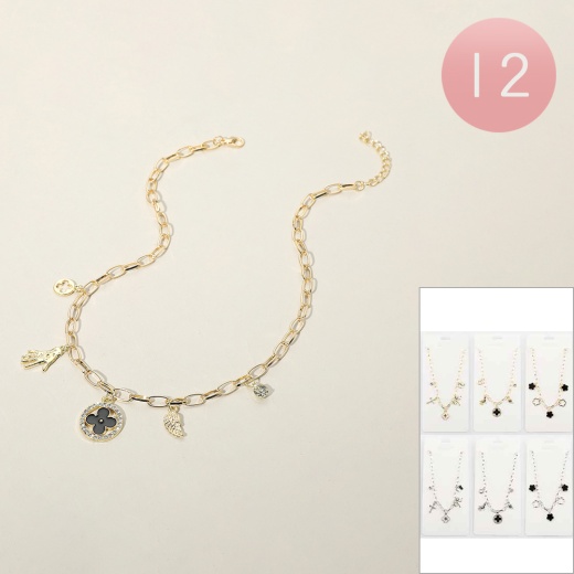 12Pcs - Quatrefoil Hand Cross Bow Butterfly Wing Charm Station Paperclip Chain Necklaces