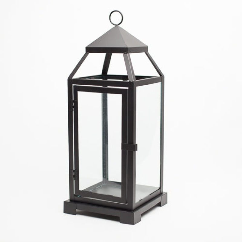 Richland Black Contemporary Metal Lantern With Clear Glasses - Large